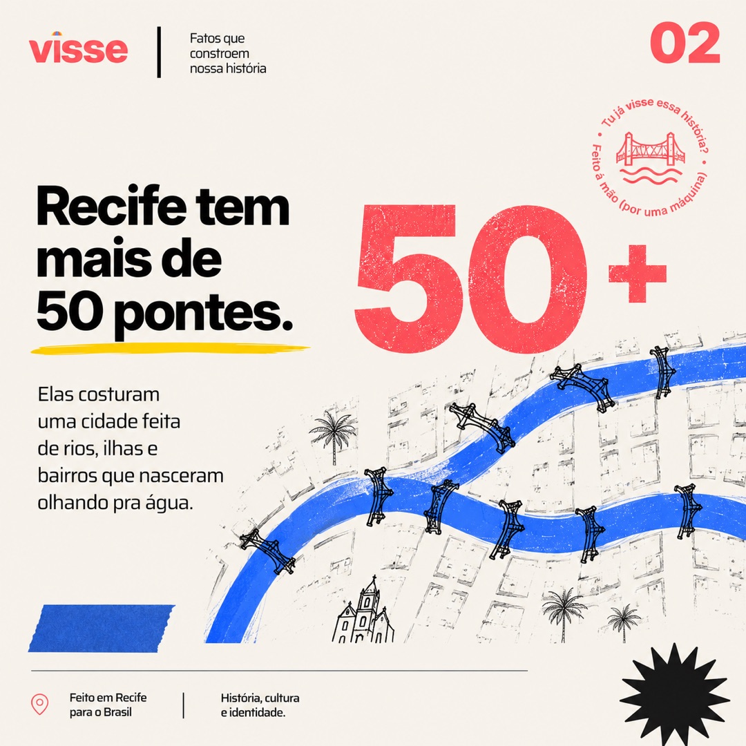 Visse — "Recife tem mais de 50 pontes. Elas costuram uma cidade feita de rios, ilhas e bairros que nasceram olhando pra água." (slide 2)