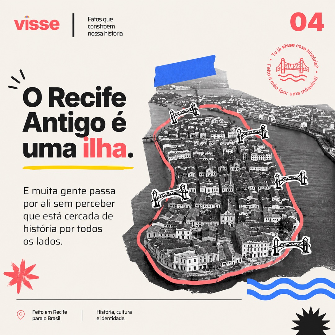 Visse — "O Recife Antigo é uma ilha", aerial photo of the old town outlined in coral (slide 4)