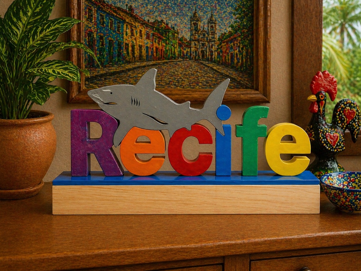 Visse Recife 3D-printed piece with shark on a sideboard